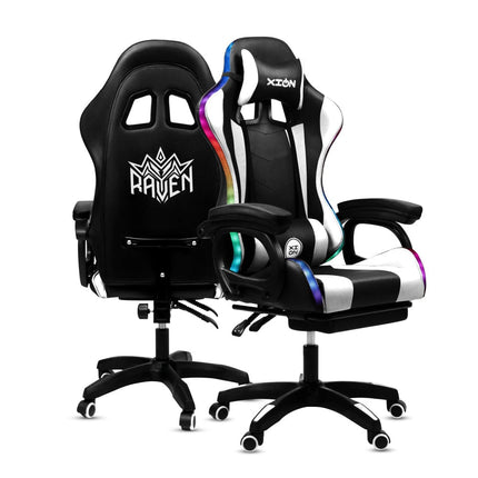 Silla Gamer con LUCES Ergonómica RAVEN RGB XION 135° con Masajeador Lumbar & Posapies Blanco