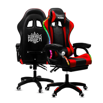 Silla Gamer con LUCES Ergonómica RAVEN RGB XION 135° con Masajeador Lumbar & Posapies Rojo