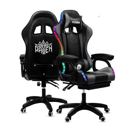 Silla Gamer con LUCES Ergonómica RAVEN RGB XION 135° con Masajeador Lumbar & Posapies Plomo