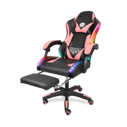 Silla Gamer con LUCES Ergonómica TITAN RGB XION 135° con Masajeador Lumbar & Posapies Rosa/Negro