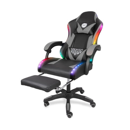 Silla Gamer con LUCES Ergonómica TITAN RGB XION 135° con Masajeador Lumbar & Posapies Gris