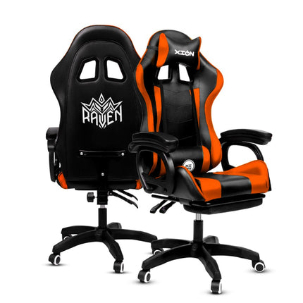 Silla Gamer Ergonómica RAVEN XION 135° con Masajeador Lumbar & Posapies Naranja