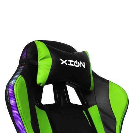 Silla Gamer con LUCES Ergonómica RAVEN RGB XION 135° con Masajeador Lumbar & Posapies Verde