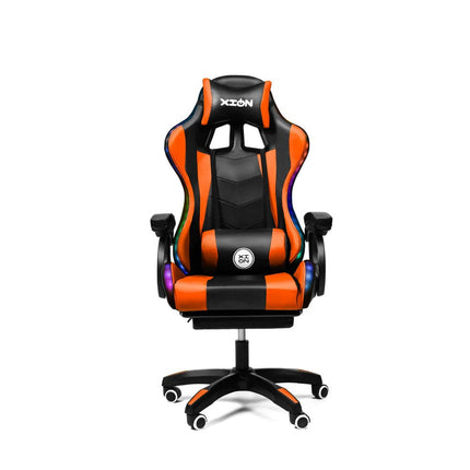 Silla Gamer con LUCES Ergonómica RAVEN RGB XION 135° con Masajeador Lumbar & Posapies Naranja