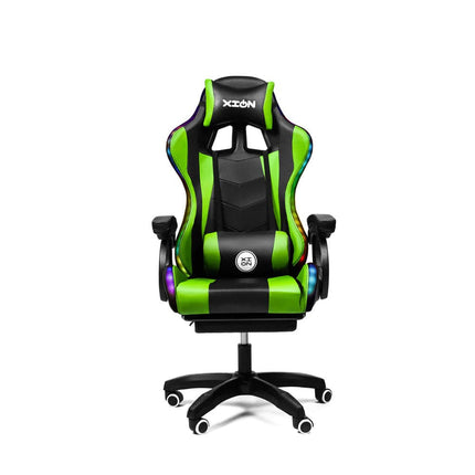 Silla Gamer con LUCES Ergonómica RAVEN RGB XION 135° con Masajeador Lumbar & Posapies Verde