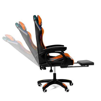 Silla Gamer con LUCES Ergonómica RAVEN RGB XION 135° con Masajeador Lumbar & Posapies Naranja