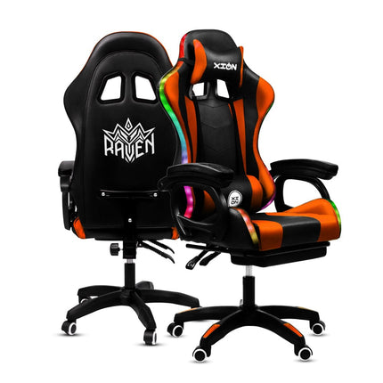 Silla Gamer con LUCES Ergonómica RAVEN RGB XION 135° con Masajeador Lumbar & Posapies Naranja