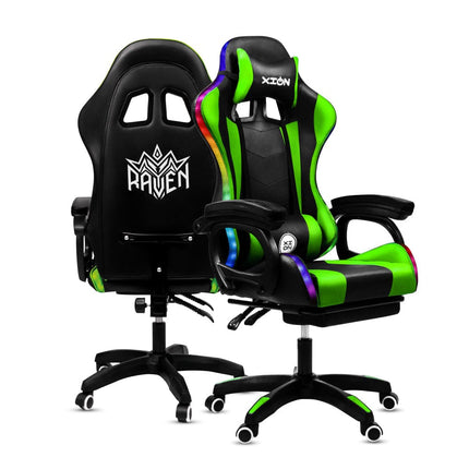 Silla Gamer con LUCES Ergonómica RAVEN RGB XION 135° con Masajeador Lumbar & Posapies Verde