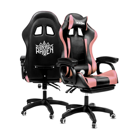 Silla Gamer Ergonómica RAVEN XION 135° con Masajeador Lumbar & Posapies Negro Rosa