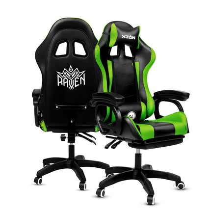 Silla Gamer Ergonómica RAVEN XION 135° con Masajeador Lumbar & Posapies Verde